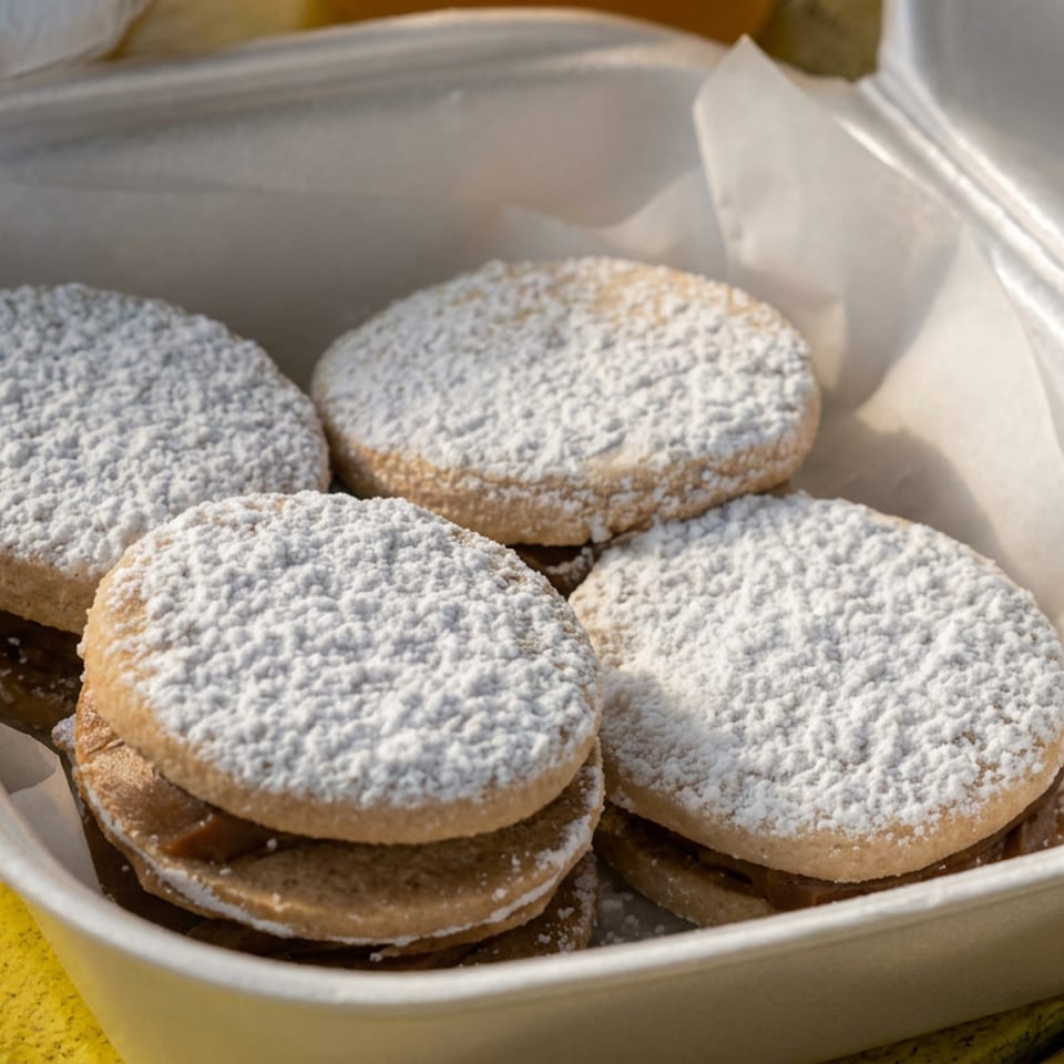 Four powdered sugar sandwich cookies in a paper-lined takeaway container on a rustic yellow wooden table.