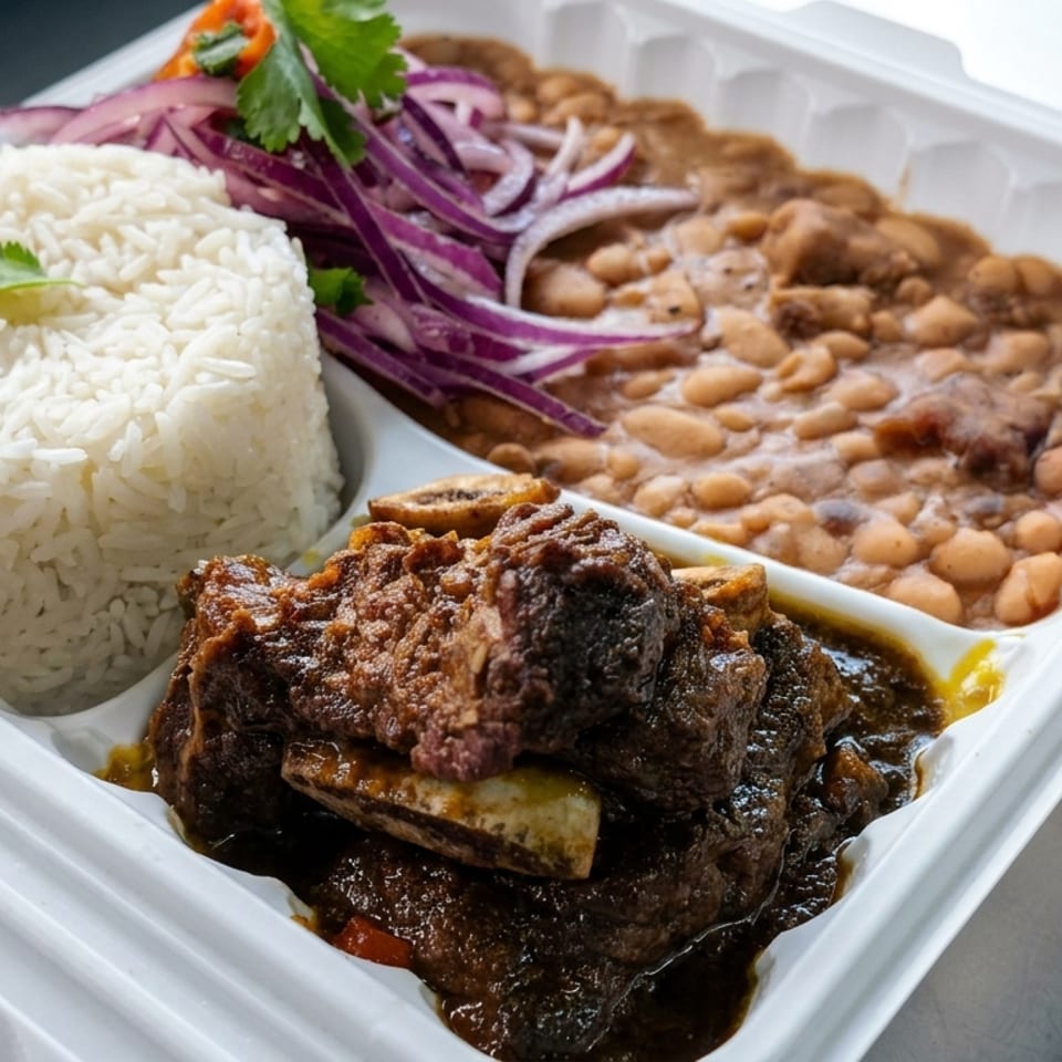 Takeout tray featuring white rice, braised meat in dark sauce, beans, shredded purple cabbage, and cilantro garnish.