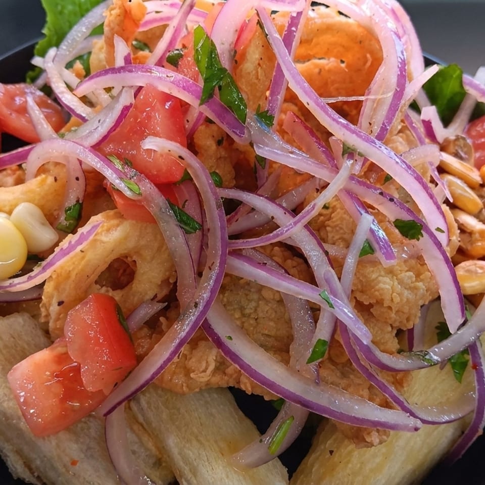 Black bowl filled with crispy fried seafood, red onions, tomatoes, corn, herbs, and toasted corn kernels.