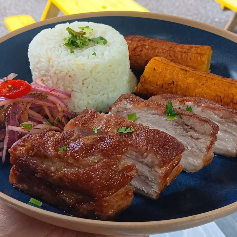 Plate of roasted meat with white rice, fried plantains, and red onion salad garnished with cilantro.